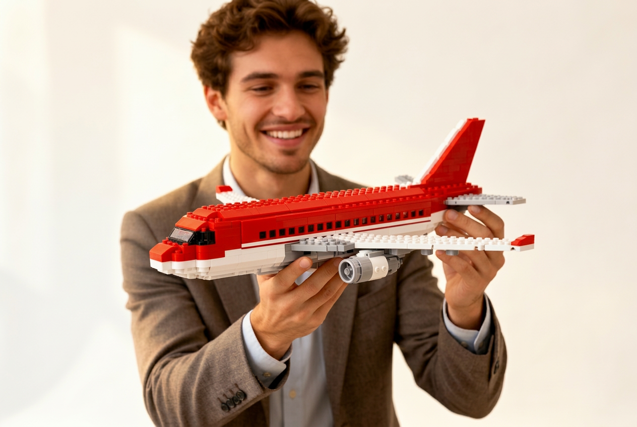 A delighted professional holding a custom brick-built model airplane